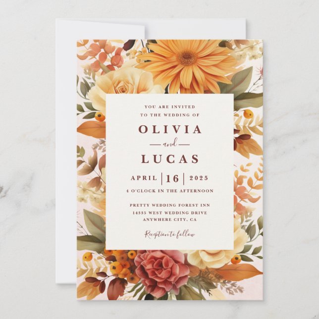 Invitación Elegante Boda de marco de flor Naranja (Anverso)