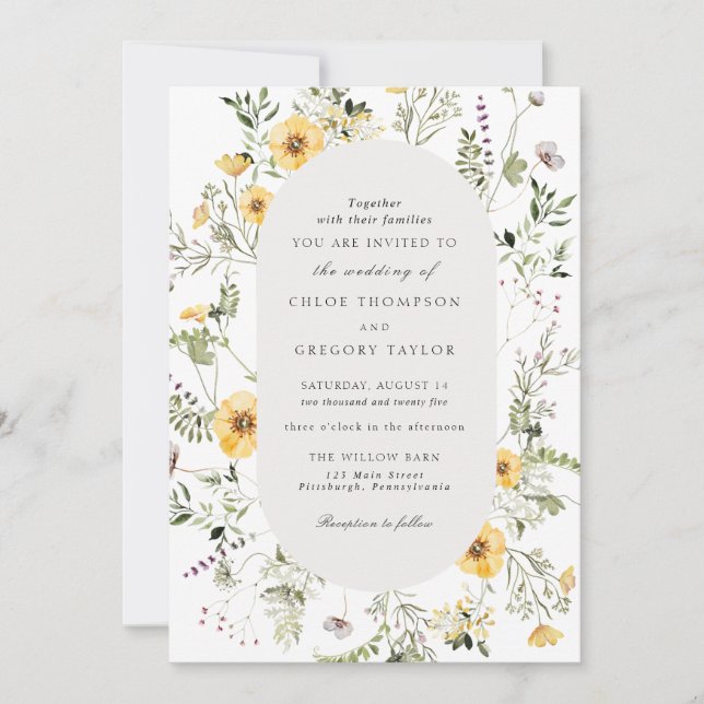 Invitación Elegante Boda de marco de flor silvestre amarillo  (Anverso)