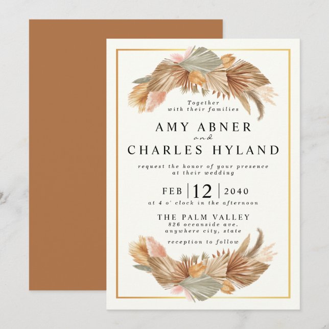 Invitación Elegante Boda de marco de gramaje del Boho rosa do (Anverso / Reverso)