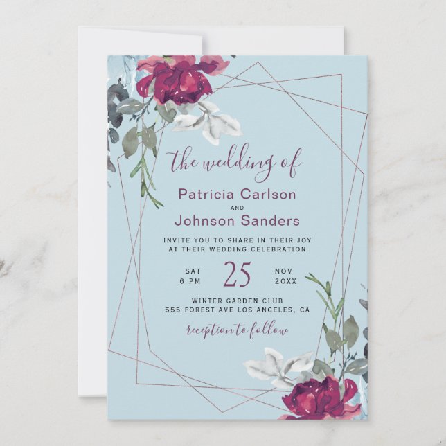 Invitación Elegante boda de marco de moda burdeos azul polvor (Anverso)