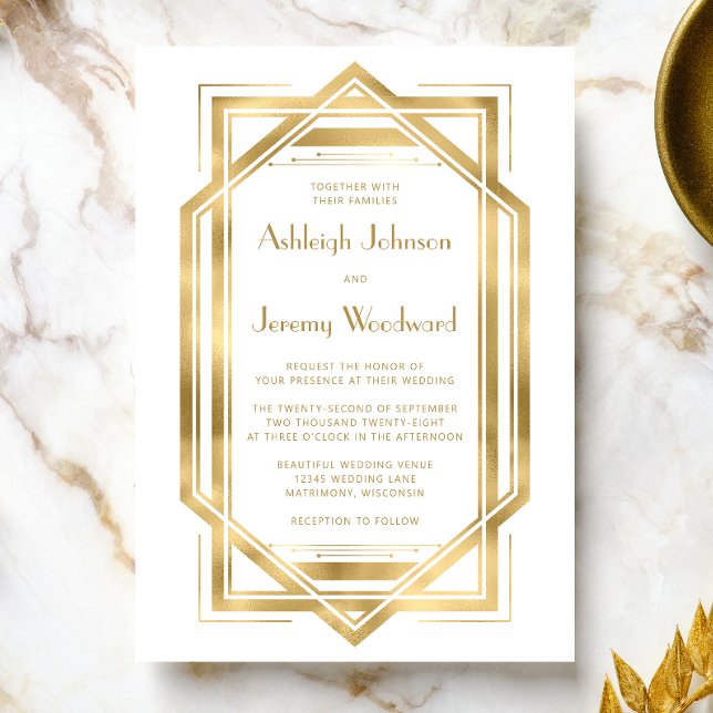 Invitación Elegante Boda de marco deco dorado blanco de los a (An ideal choice for a 1920s vintage themed wedding with a gold and white color palette.)