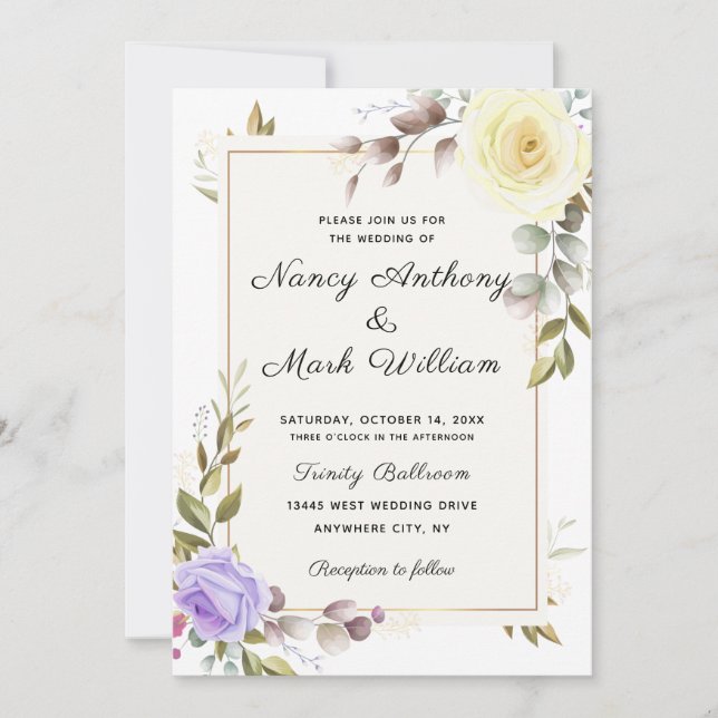 Invitación Elegante boda de marco dorado azul polvoriento (Anverso)