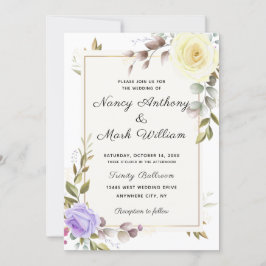 Invitación Elegante boda de marco dorado azul polvoriento