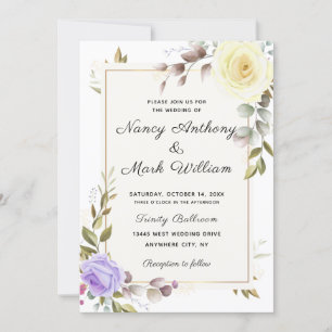 Invitación Elegante boda de marco dorado azul polvoriento