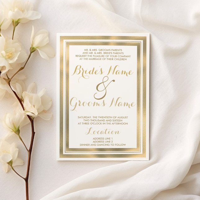 Invitación Elegante Boda de marco dorado blanco (Elegant stylish white gold frame Wedding)