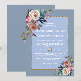 Invitación Elegante Boda de marco dorado con flores rosadas y