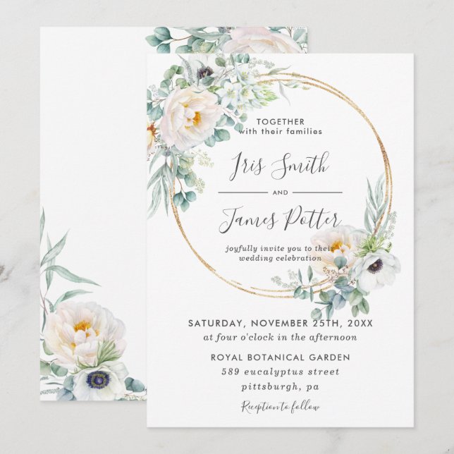 Invitación Elegante Boda de marco dorado de flores de marfil (Anverso / Reverso)