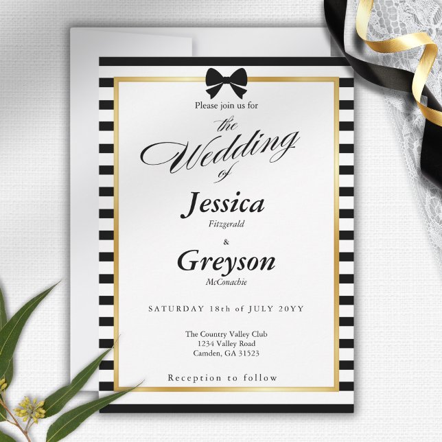 Invitación Elegante Boda de marco dorado de franja blanca neg (Subido por el creador)