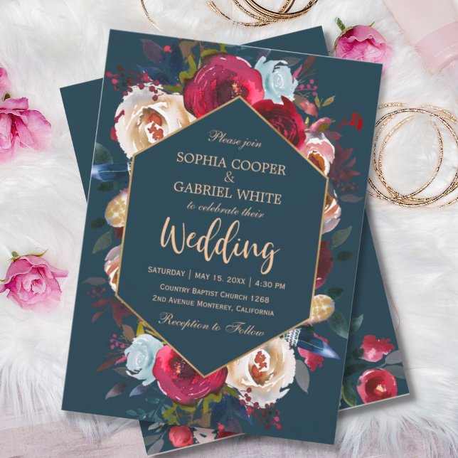Invitación Elegante Boda de marco dorado de la Marina Borgoña (Subido por el creador)