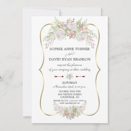 Invitación Elegante Boda de marco dorado de rosas blancas bor