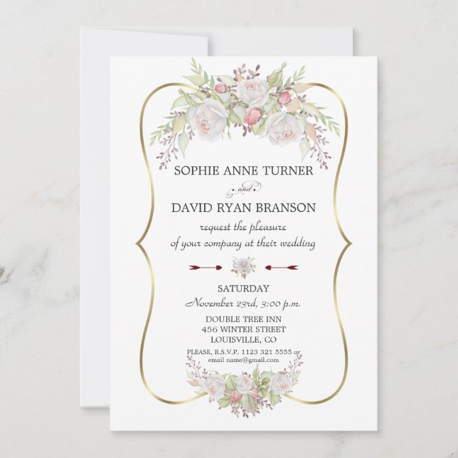 Invitación Elegante Boda de marco dorado de rosas blancas bor (Anverso)