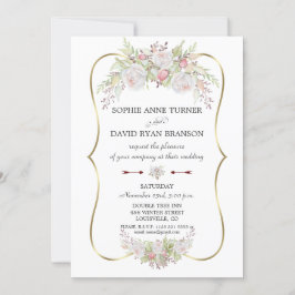 Invitación Elegante Boda de marco dorado de rosas blancas bor