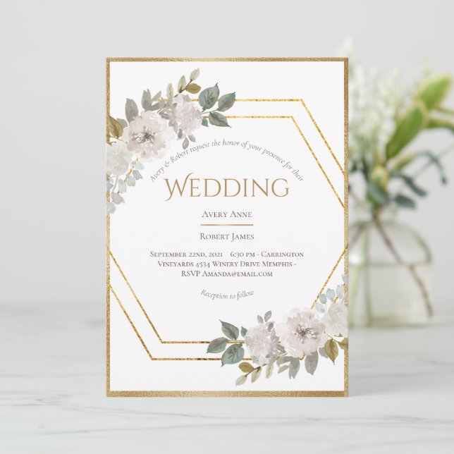 Invitación Elegante Boda de marco dorado floral (Anverso de pie)