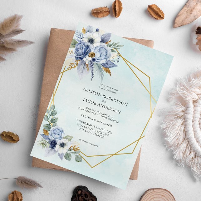 Invitación Elegante Boda de marco dorado floral azul (Subido por el creador)