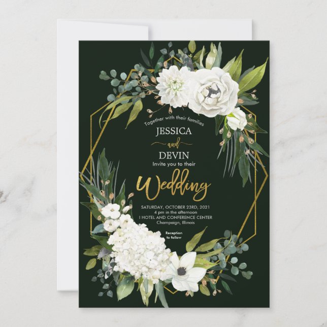 Invitación Elegante Boda de marco dorado floral blanco (Anverso)