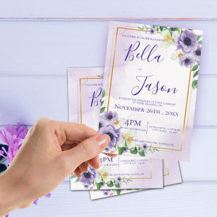 Invitación Elegante Boda de marco dorado floral blanco morado