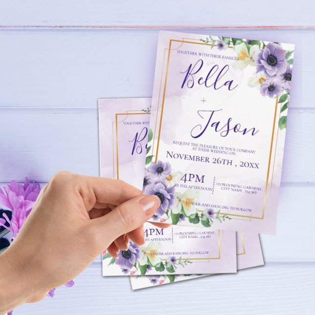 Invitación Elegante Boda de marco dorado floral blanco morado (Subido por el creador)