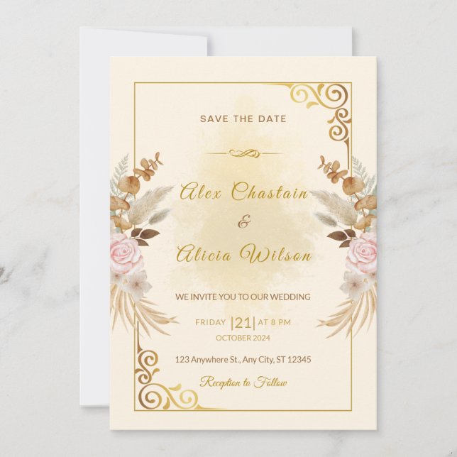 Invitación Elegante Boda de marco dorado floral de Rubor de o (Anverso)