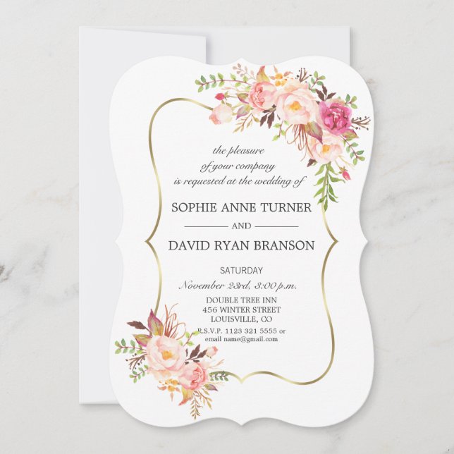 Invitación Elegante Boda de marco dorado floral Rubor rosa (Anverso)