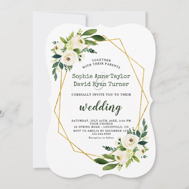 Invitación Elegante Boda de marco dorado floral verde blanco (Anverso)