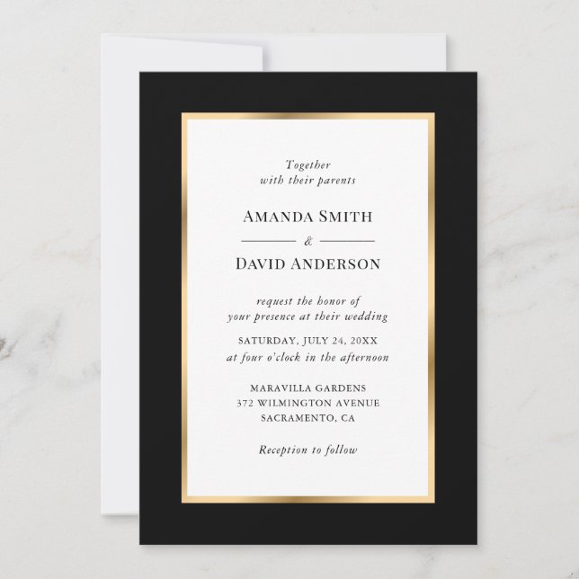 Invitación Elegante Boda de marco dorado negro (Anverso)