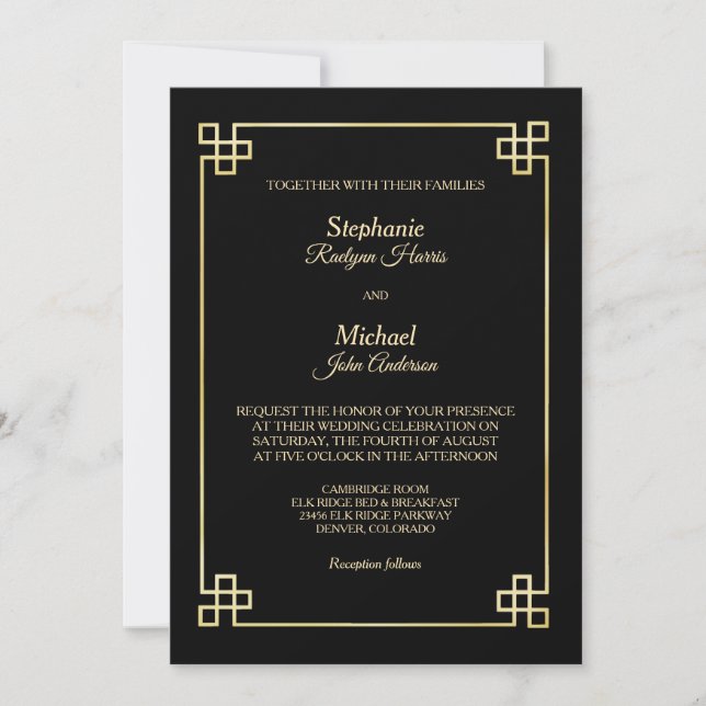 Invitación Elegante Boda de marco dorado negro (Anverso)