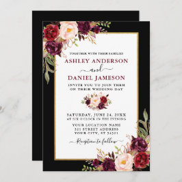 Invitación Elegante Boda de marco dorado negro con flores de