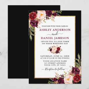 Invitación Elegante Boda de marco dorado negro con flores de 