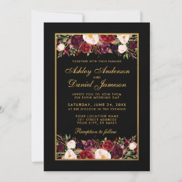 Invitación Elegante Boda de marco dorado negro con flores de