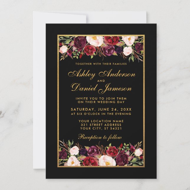 Invitación Elegante Boda de marco dorado negro con flores de  (Anverso)