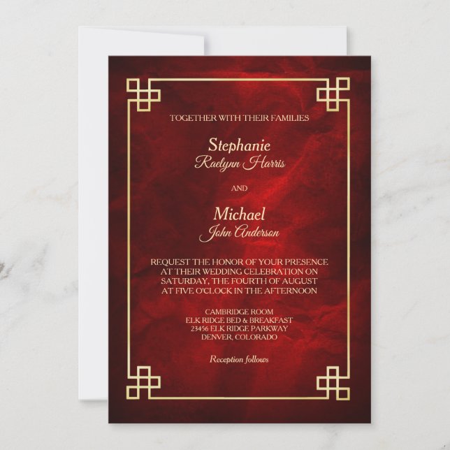 Invitación Elegante Boda de marco dorado rojo (Anverso)