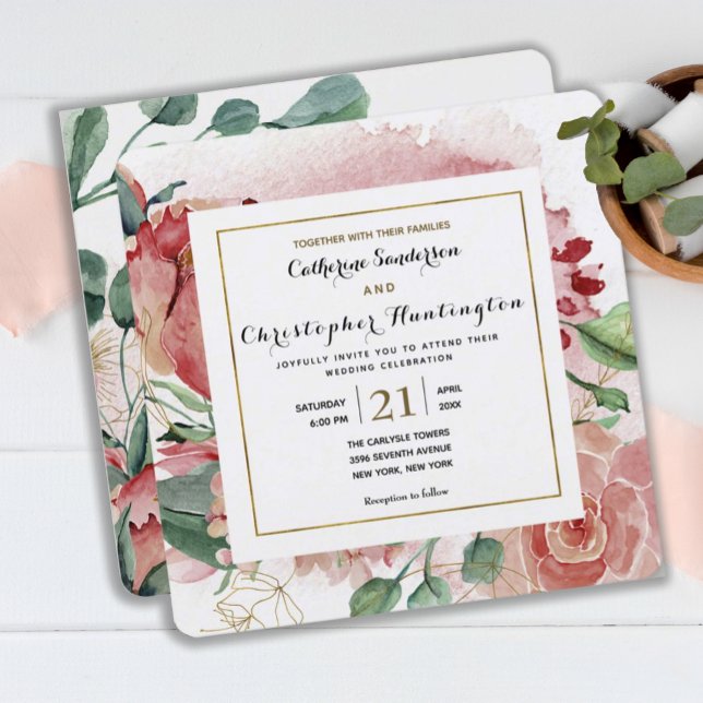 Invitación Elegante Boda de marco dorado rosado floral Rubor (ELEGANT BLUSH PINK FLORAL SQUARE WEDDING INVITATION
)