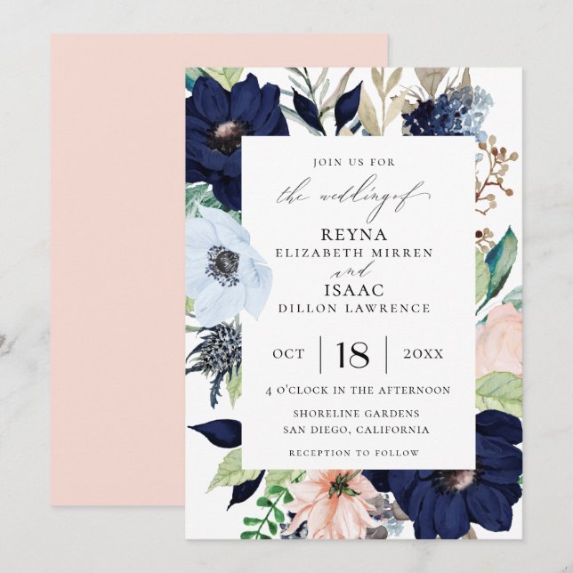 Invitación Elegante Boda de marco floral (Anverso / Reverso)