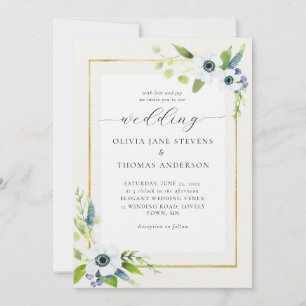 Invitación Elegante Boda de marco floral Anemone Blue Gold