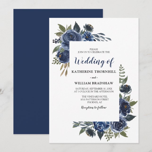 Invitación Elegante Boda de marco floral azul (Anverso / Reverso)