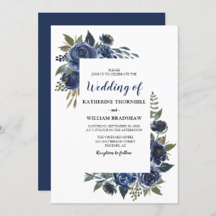 Invitación Elegante Boda de marco floral azul