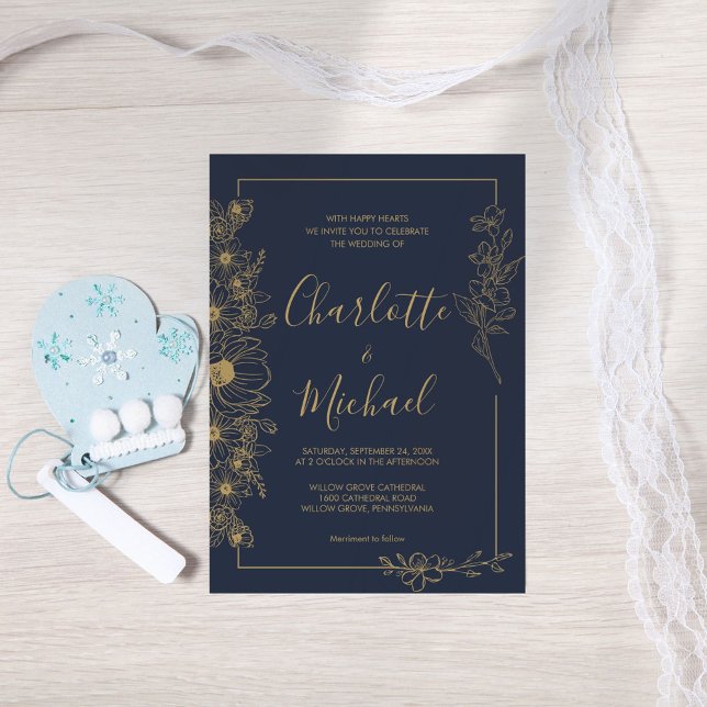 Invitación Elegante Boda de marco floral azul y dorado de la  (Subido por el creador)