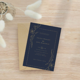 Invitación Elegante Boda de marco floral azul y dorado de la 