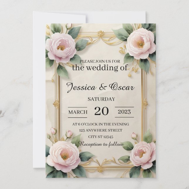 Invitación Elegante Boda de marco floral dorado (Anverso)