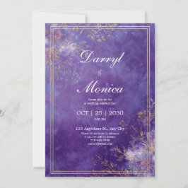 Invitación Elegante Boda de marco floral morado y dorado
