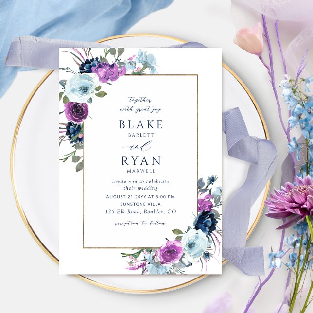 Invitación Elegante Boda de marco floral púrpura y azul (Subido por el creador)