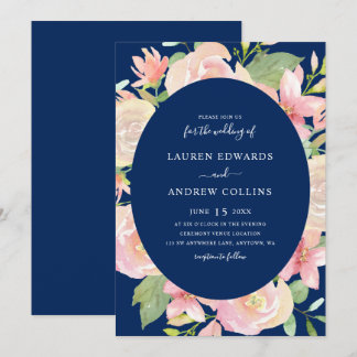 Invitación Elegante Boda de marco floral Rubor azul de la Mar