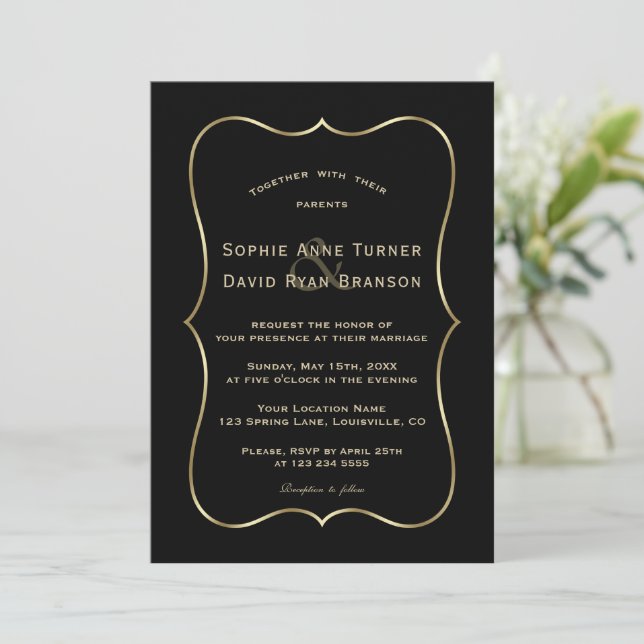 Invitación Elegante Boda De Marco Negro Y Oro (Anverso de pie)
