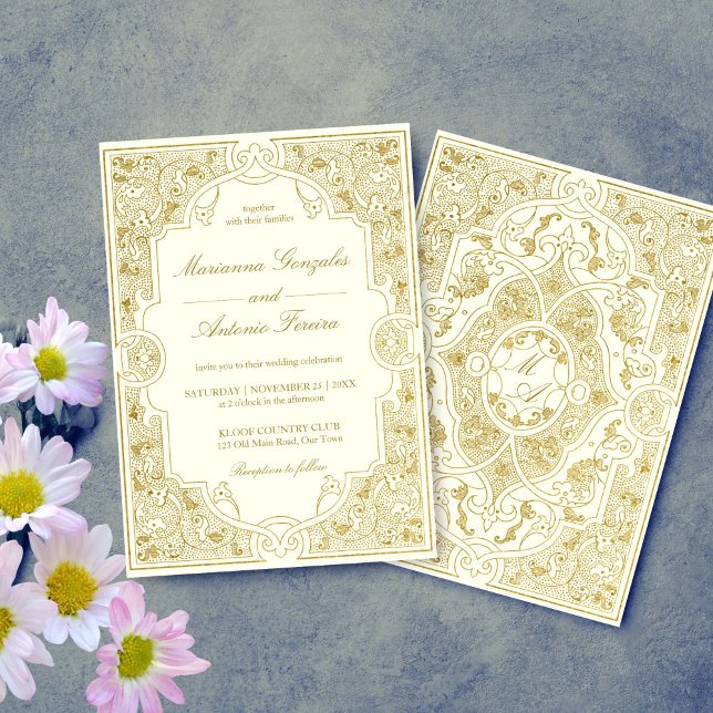 Invitación Elegante boda de marco ornamental de marfil dorado (Elegant gold ivory vintage ornate frame wedding invitation template digital download antique chic)