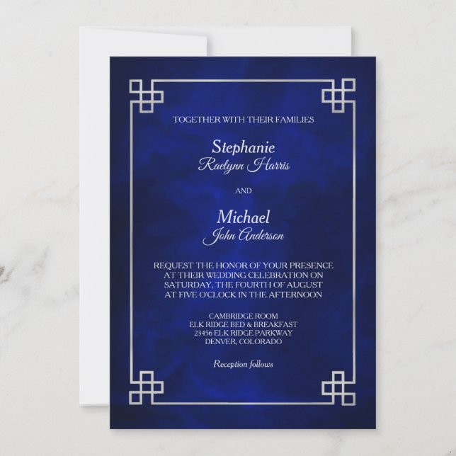 Invitación Elegante Boda de marco plateado azul (Anverso)