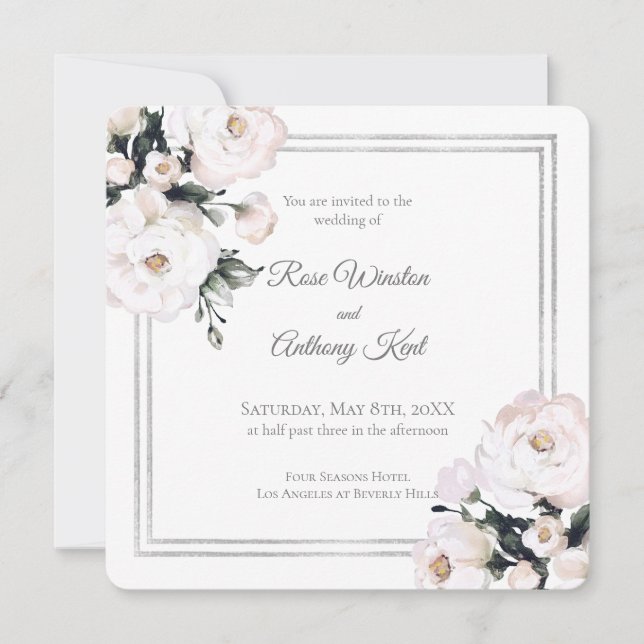 Invitación Elegante Boda de marco plateado floral blanco (Anverso)
