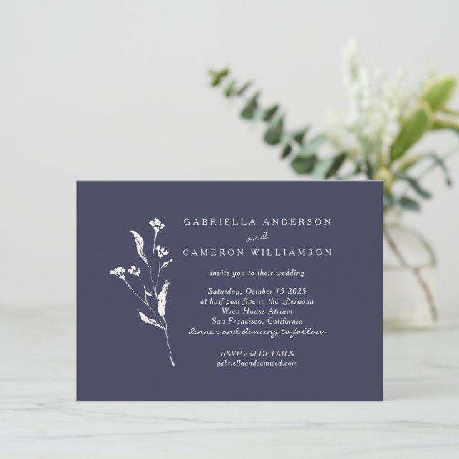 Invitación Elegante Boda de marfil azul de la Marina Floral (Anverso de pie)