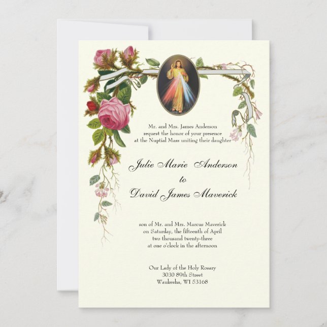 Invitación Elegante Boda de Marfil  Divina Mercy COMBO (Anverso)
