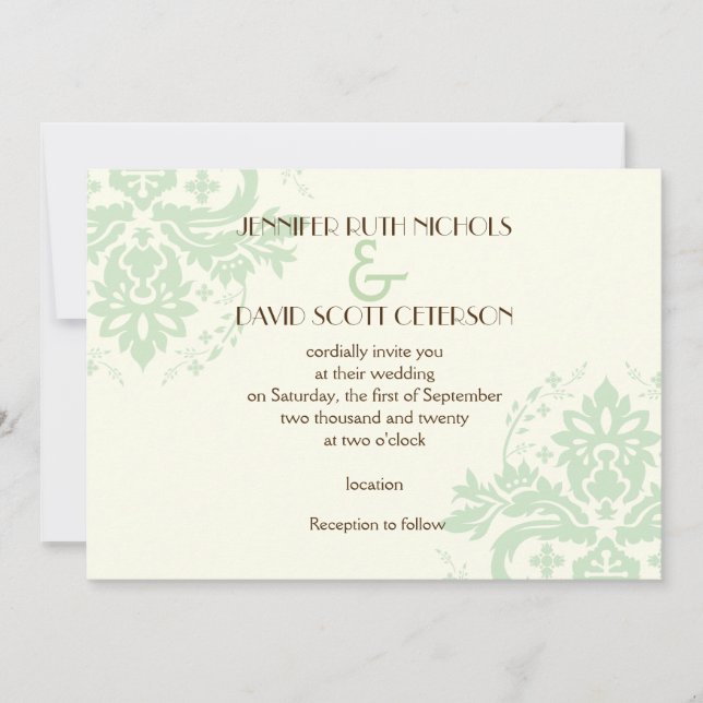 Invitación Elegante boda de marfil, verde menta damasco (Anverso)