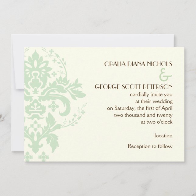 Invitación Elegante boda de marfil, verde menta damasco (Anverso)